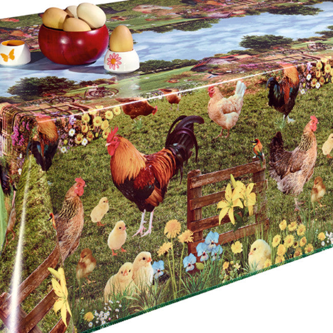 Voksduk med høner og kyllinger, 140 cm bred