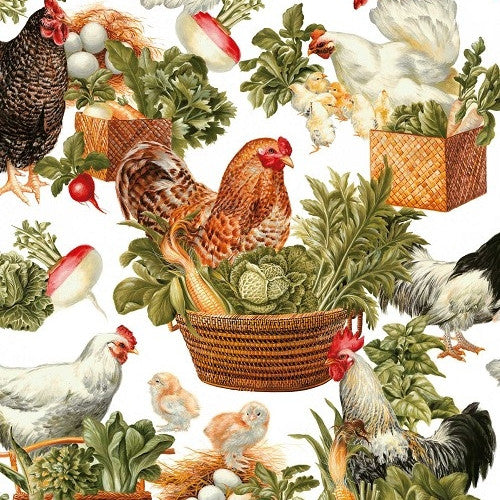 Voksduk med hvite høner, 140 cm bred