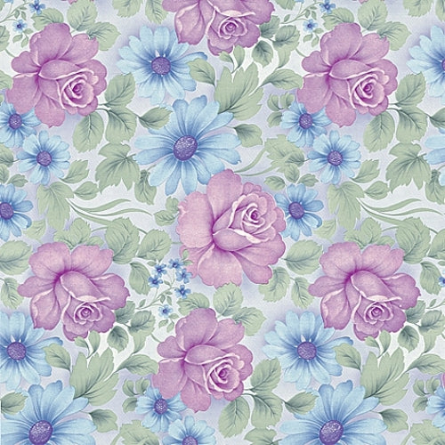 Voksduk med vakre blomster i rosa og blåfiolette farger