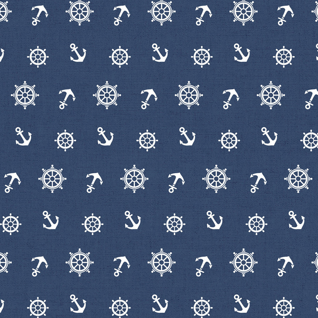 Ancora Maritim – Akrylduk i mørkeblå med anker og skipsrattmønster, mønster