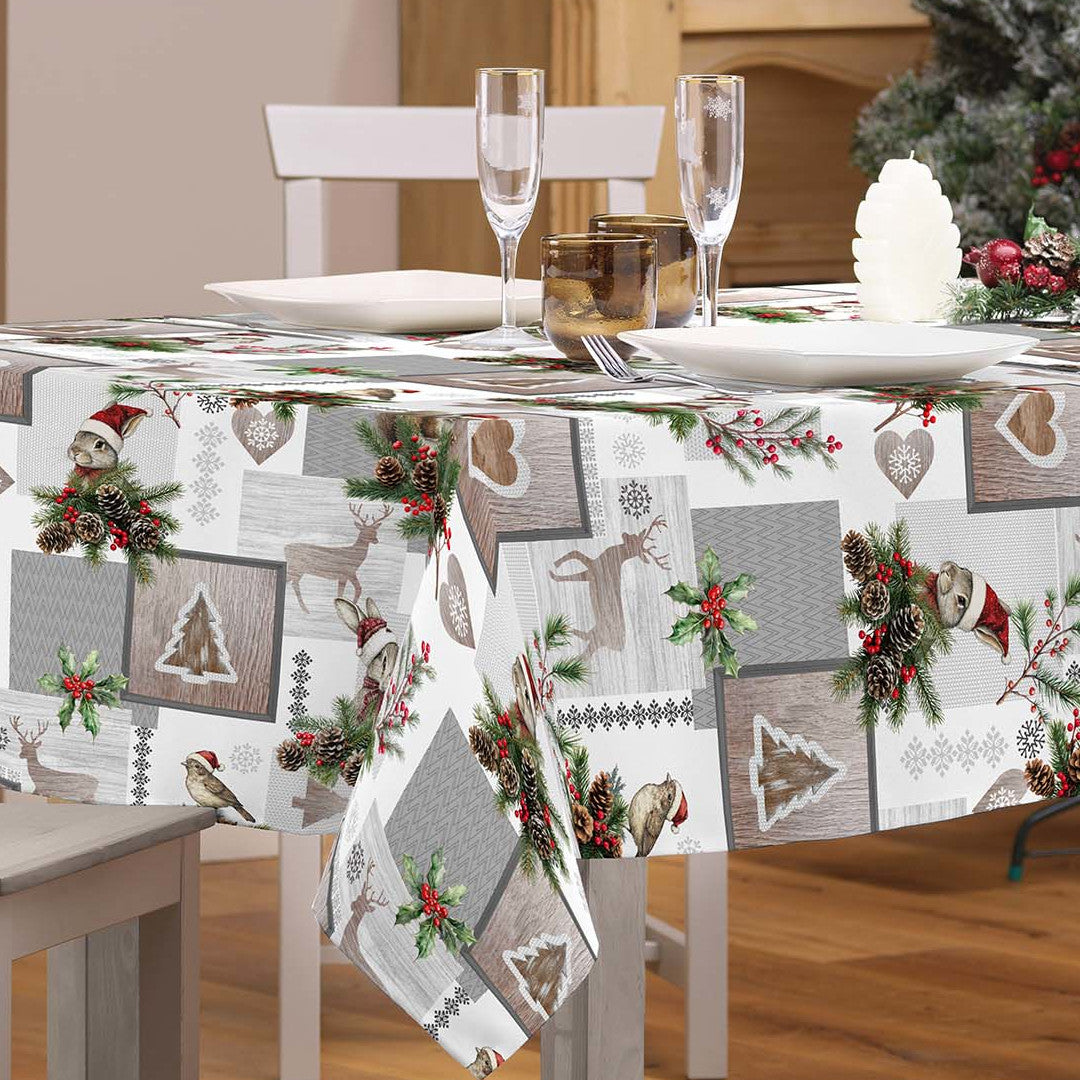 Ansel – Julevoksduk med reinsdyr og kanin i vinterlandskap hjørne 2