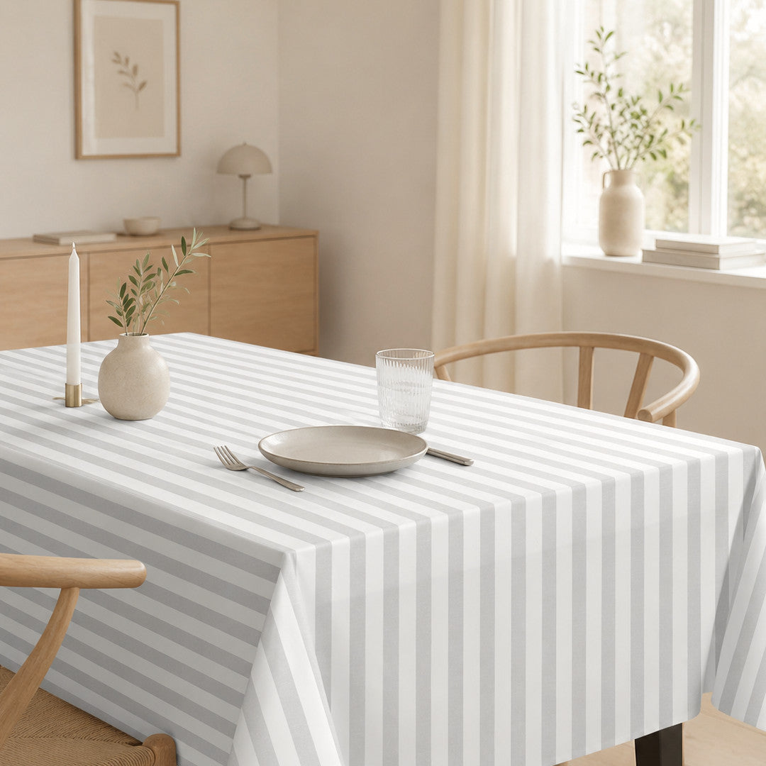 Aria Grå/hvit - Stilren voksduk med striper i hessianlook