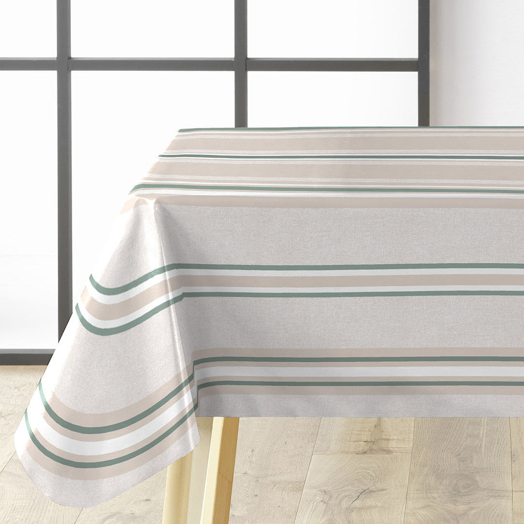 Biarritz Sage – Stripet voksduk med glatt linlook