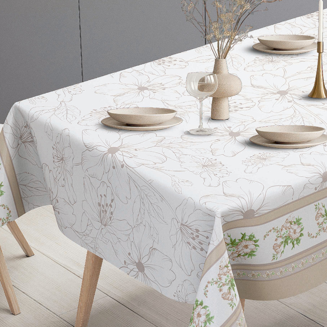 Blomsterbånd – Cremefarget voksduk med blomsterbord, bordende
