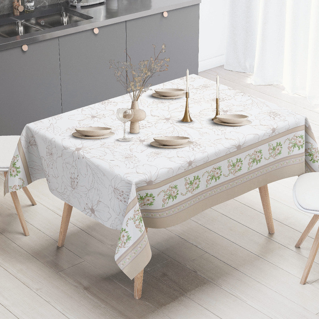 Blomsterbånd – Cremefarget voksduk med blomsterbord, miljø