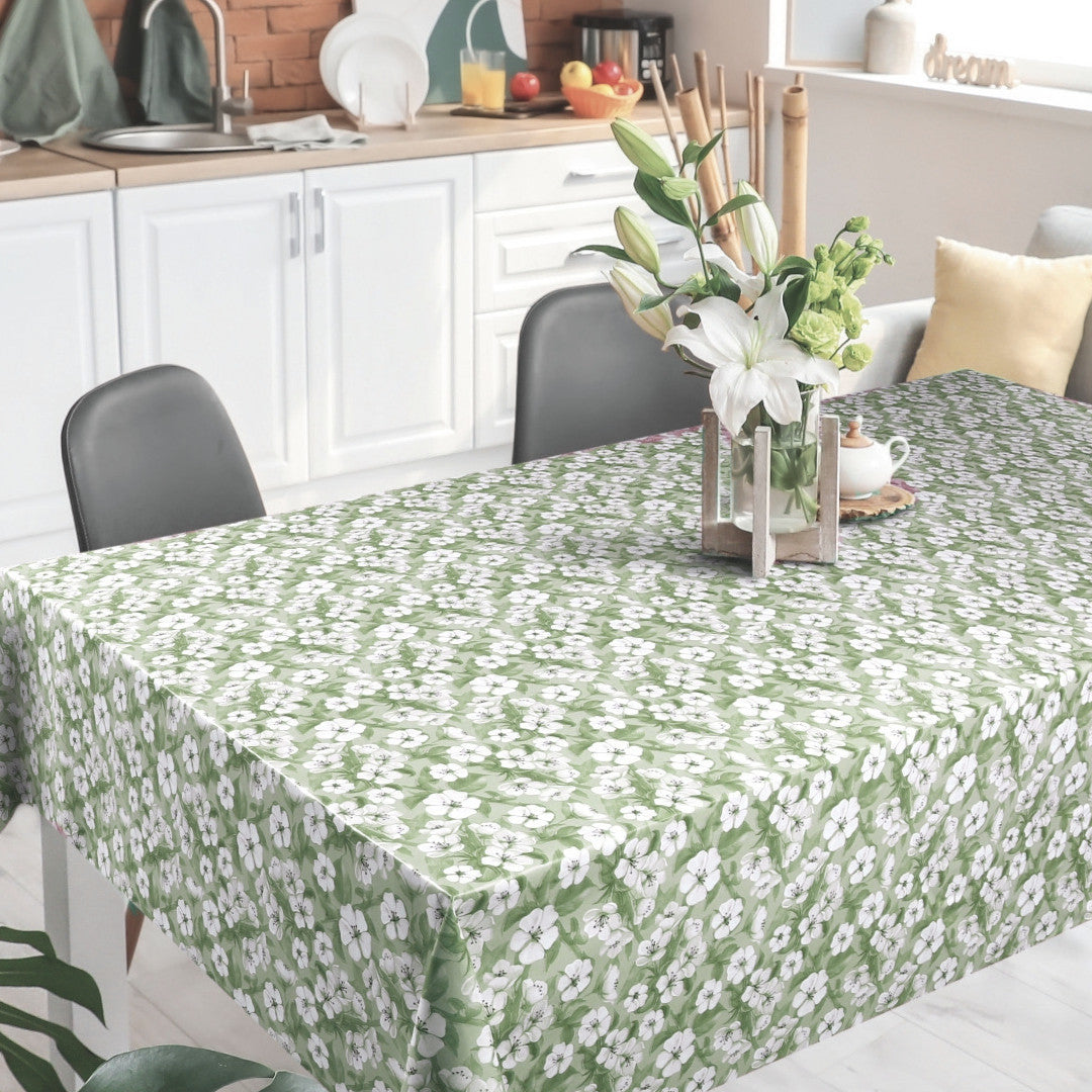 Blomsterflor Grønn – Lett pregede voksduk med hvite blomster miljø