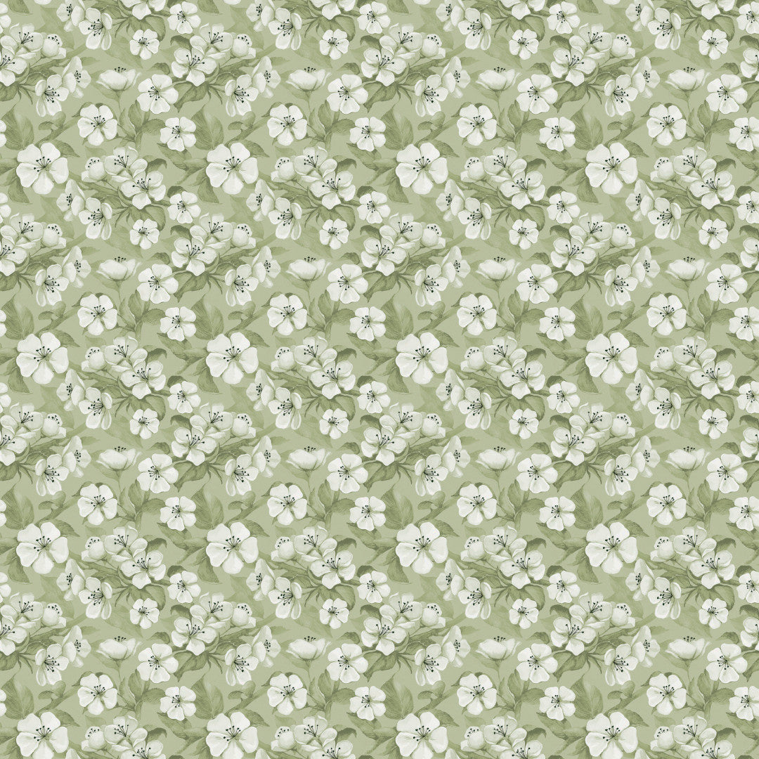 Blomsterflor Grønn – Lett pregede voksduk med hvite blomster mønster