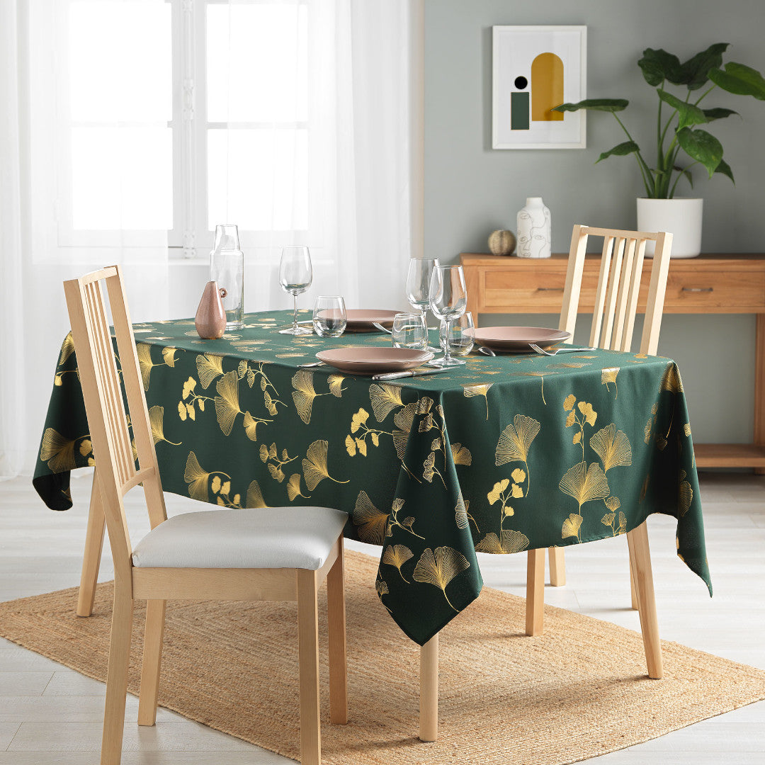 Bloomy Metallic Print – Green/Gold – Juleduk med flekkavvisende behandling, 150 x 300 cm