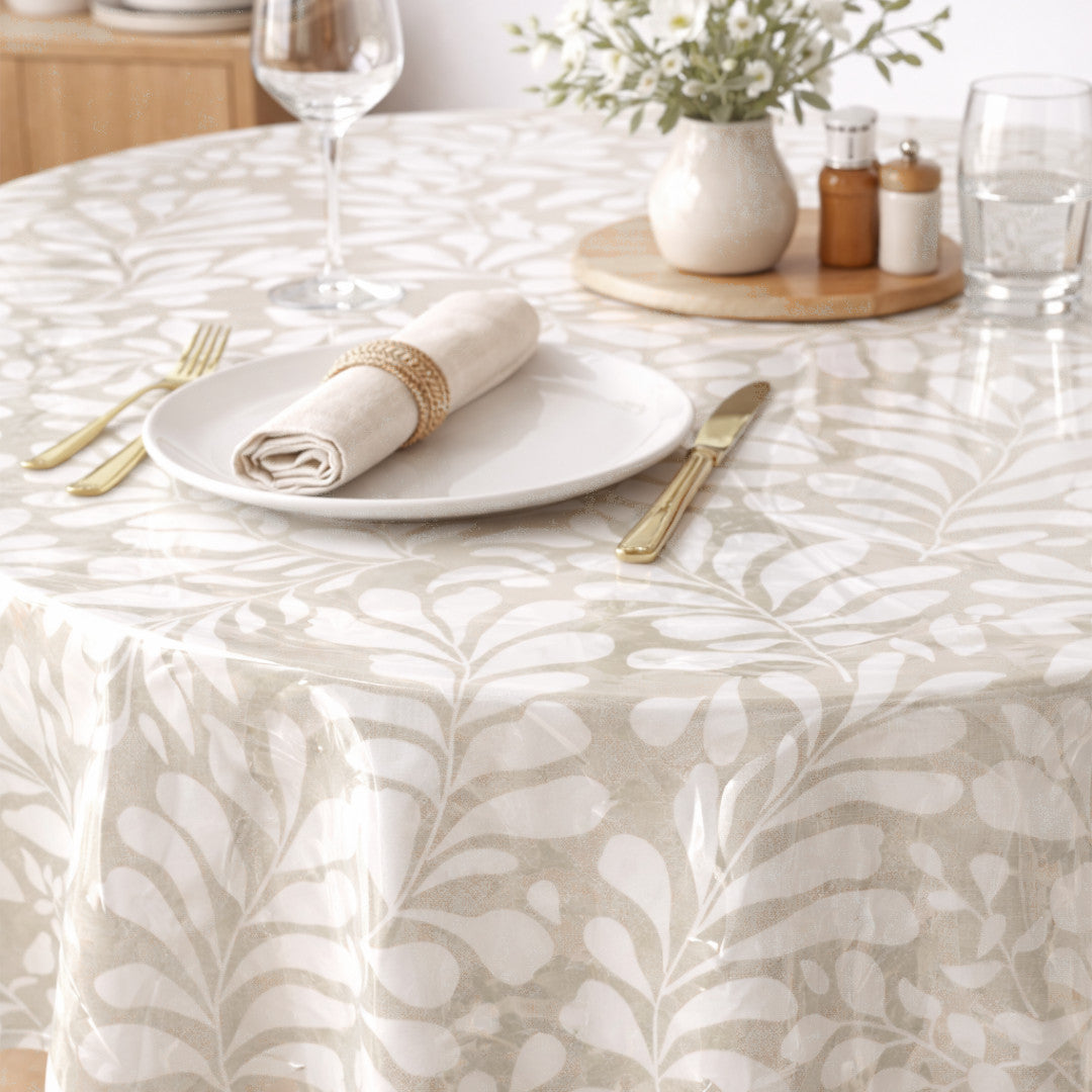 Bonnie – Voksduk med glatt linlook og grafisk bladmotiv, rund