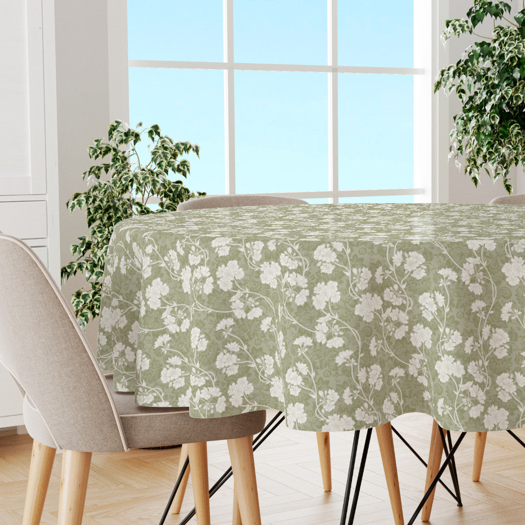 Botanic Green – Rund lett preget voksduk med blomster, miljø