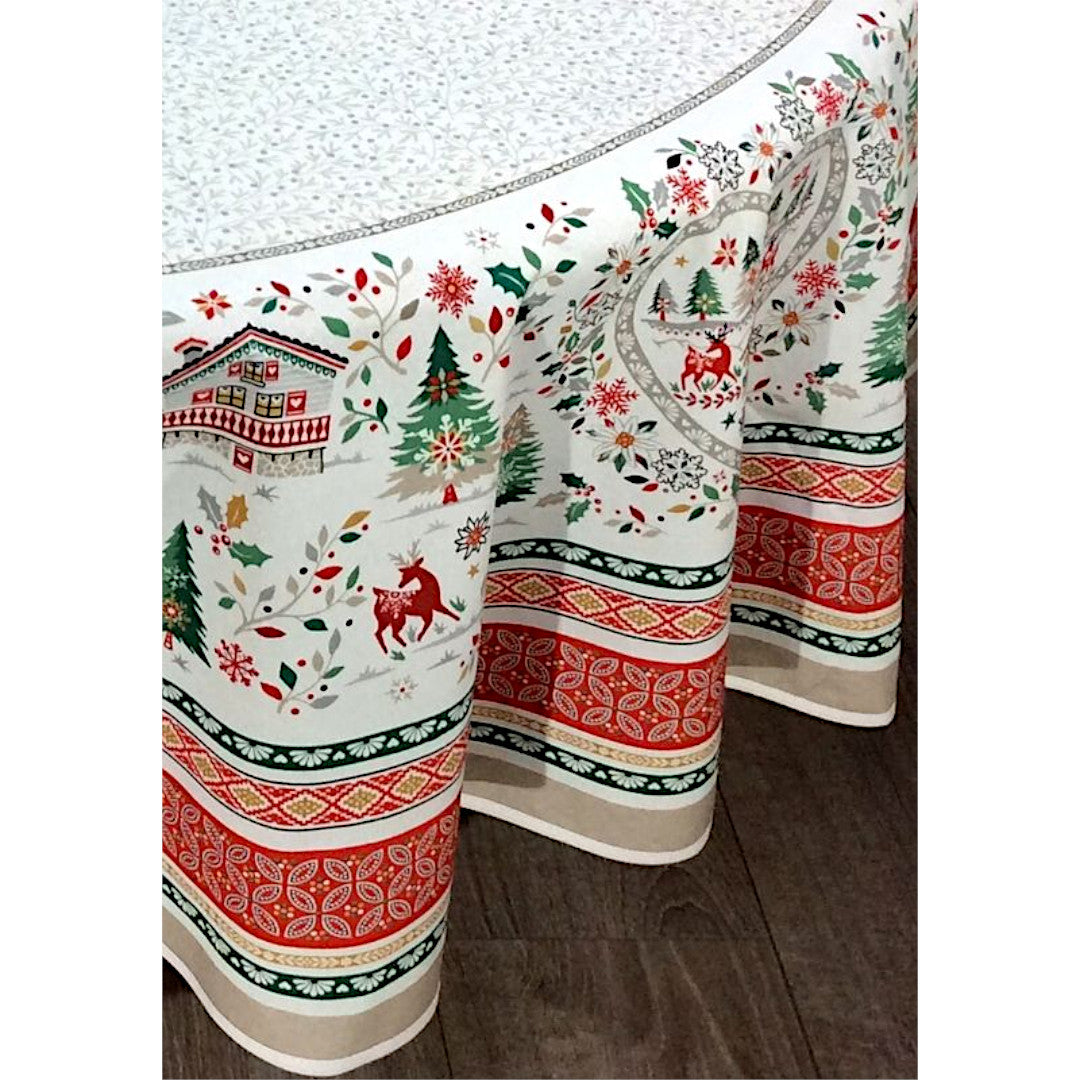 Cervin Rød Grønn – Stor rund akrylbelagt fransk juleduk Ø 230