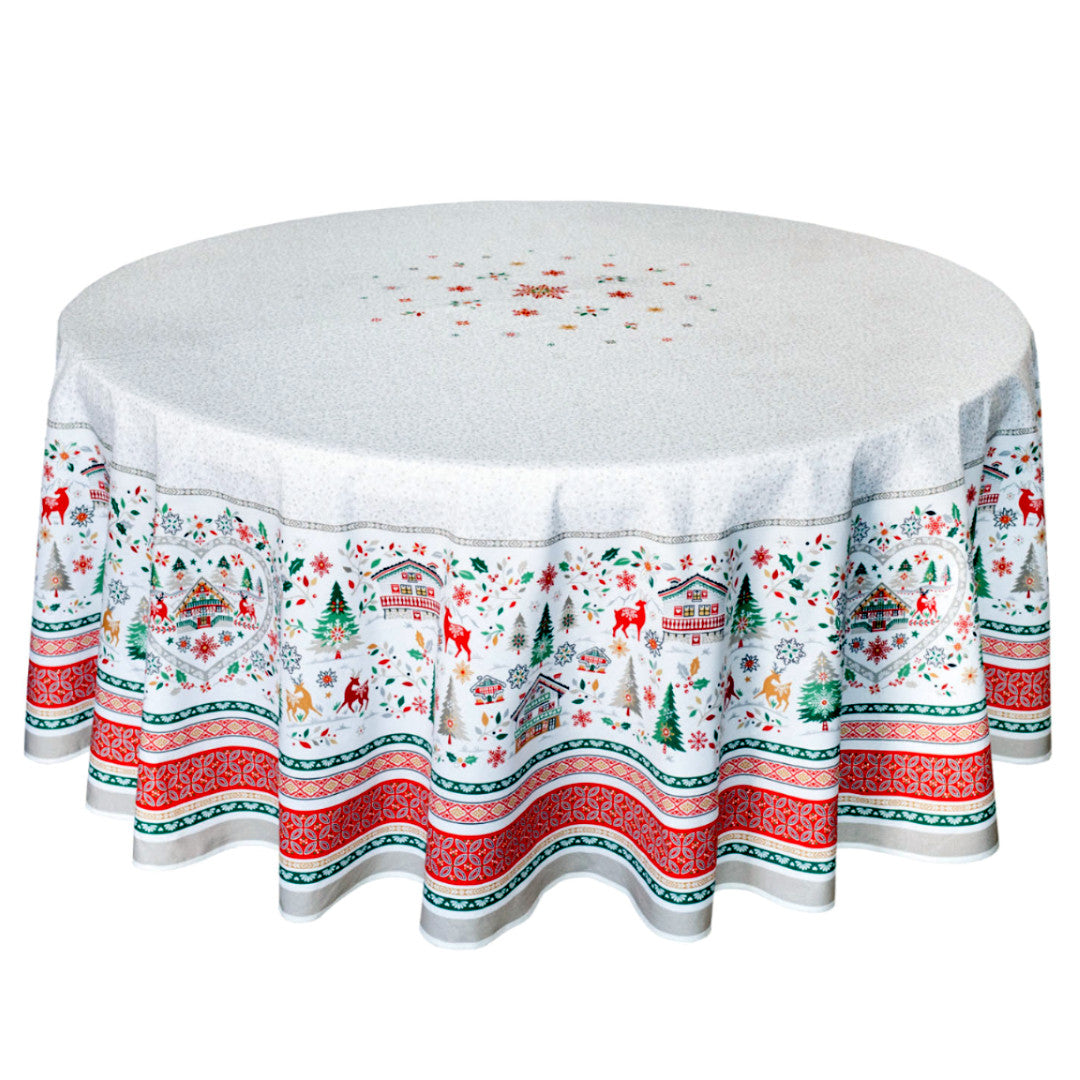 Cervin Rød Grønn – Stor rund akrylbelagt fransk juleduk Ø 230