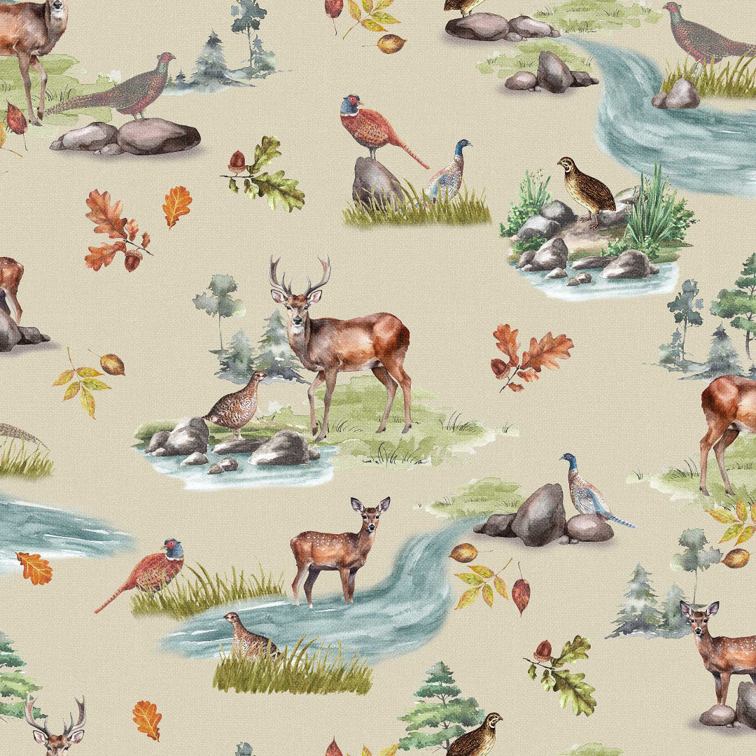 Chasse – Voksduk med rådyr, fugler og høst i skogen, mønster