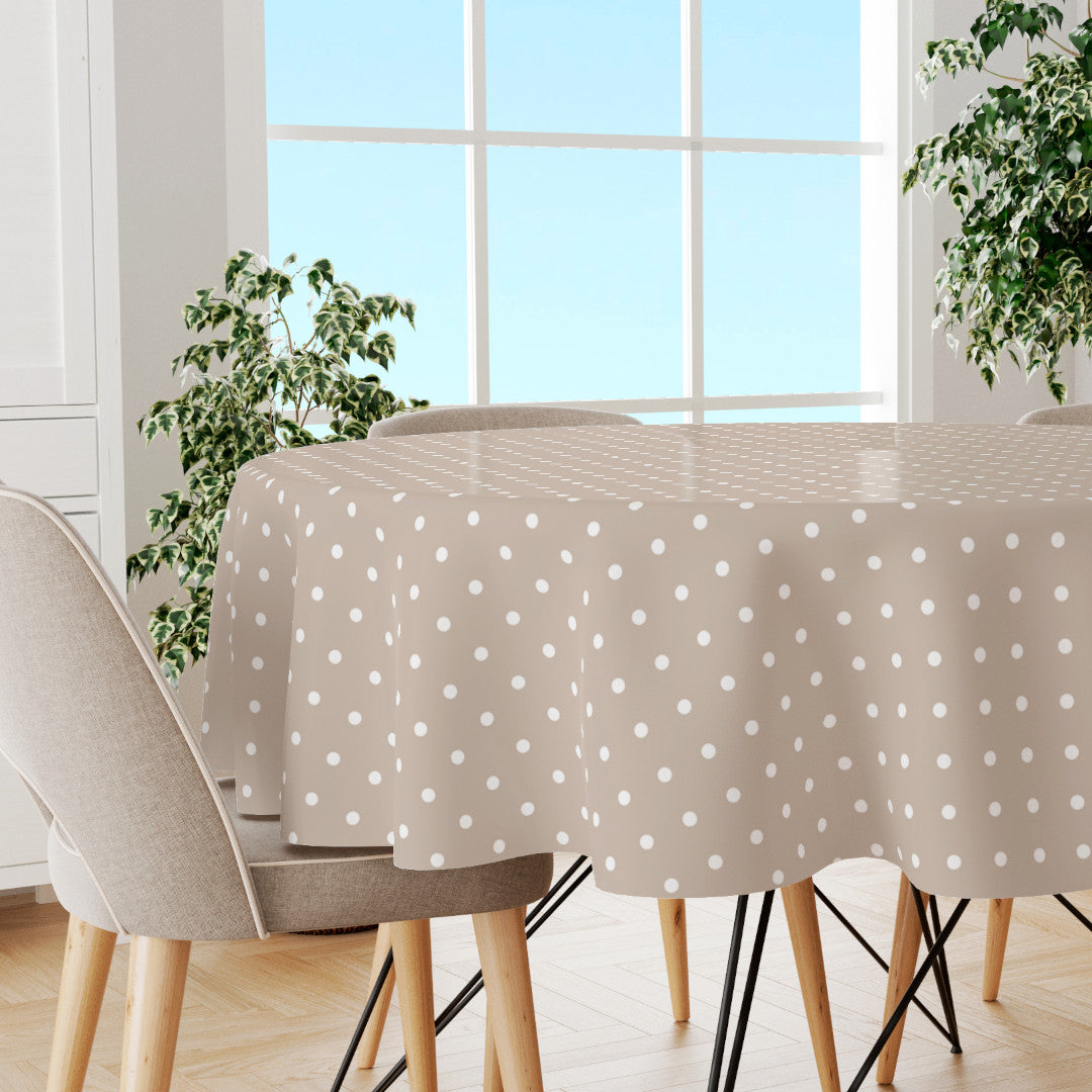 Classic Dot Beige – Rund voksduk med hvite prikker