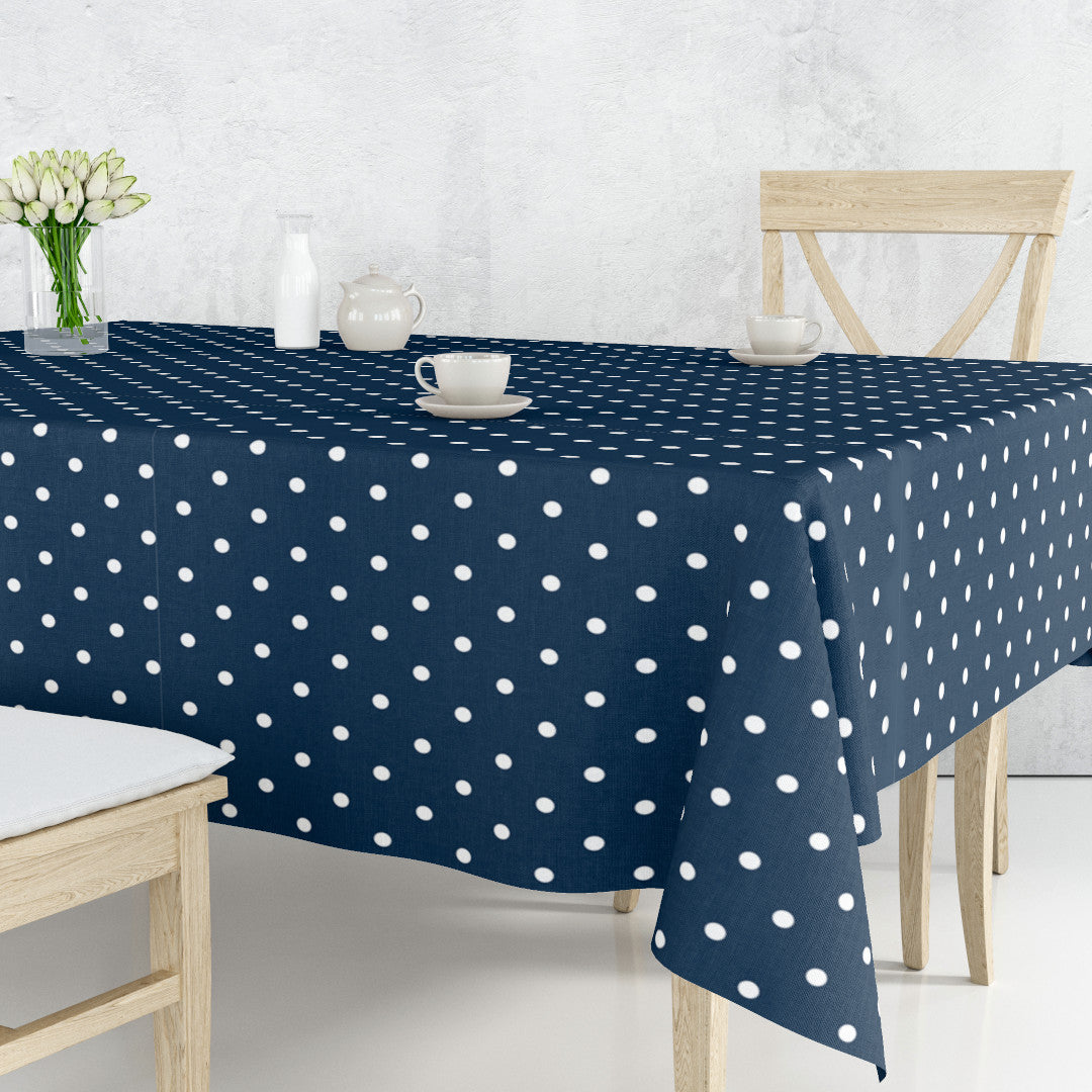 Classic Dot Blå – Voksduk med hvite prikker