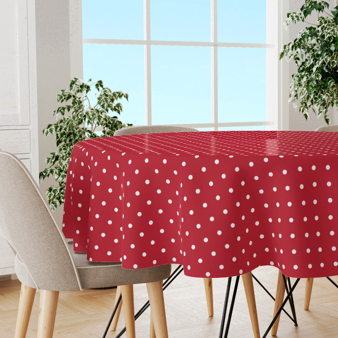 Classic Dot Rød – Rund voksduk med hvite prikker