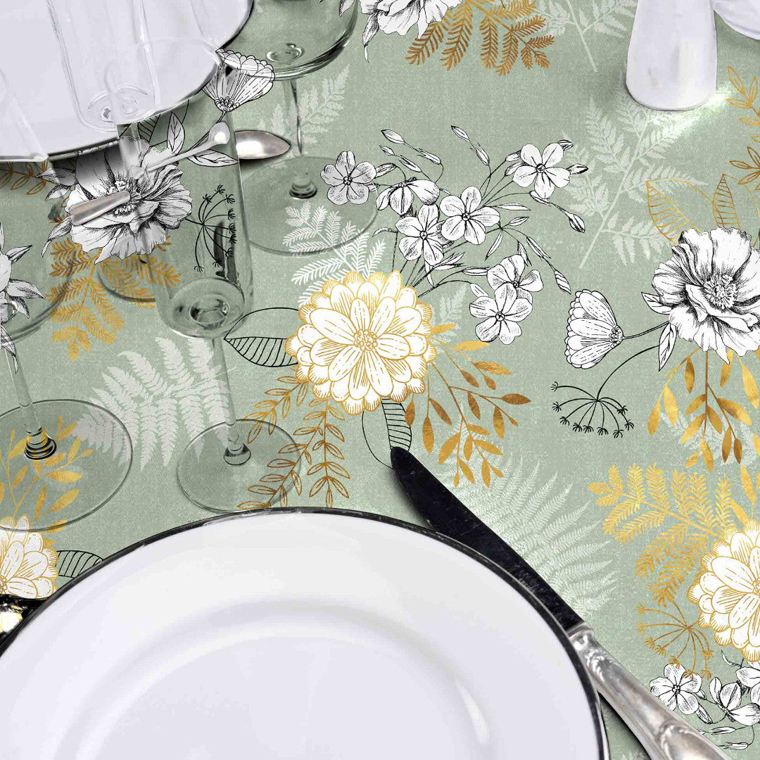 Claudie Sage Metallic – Voksduk med gulleffekt, nærbilde