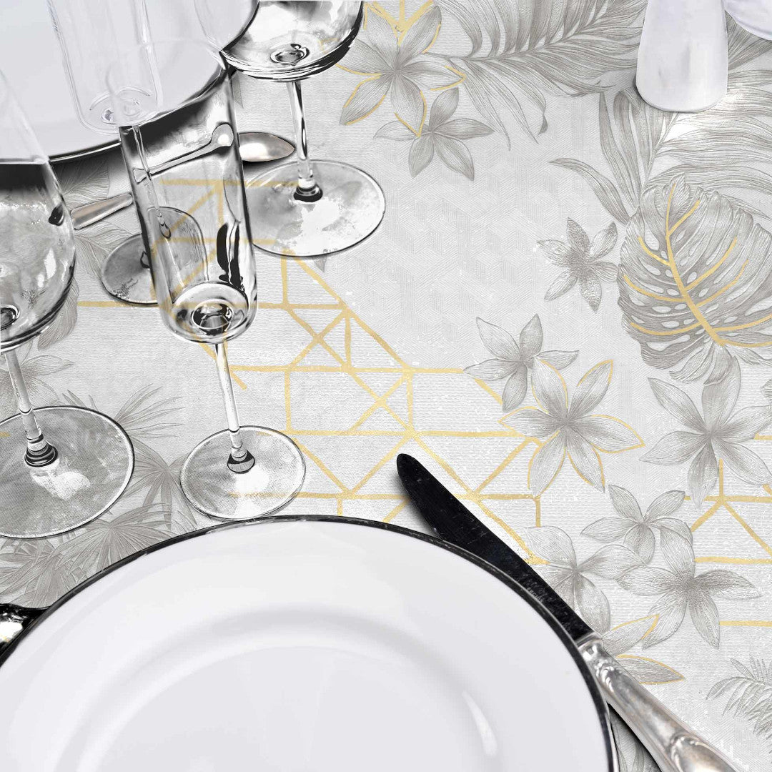 Coconut Metallic – Rund voksduk i grått med gulldetaljer Ø 155 cm nærbilde