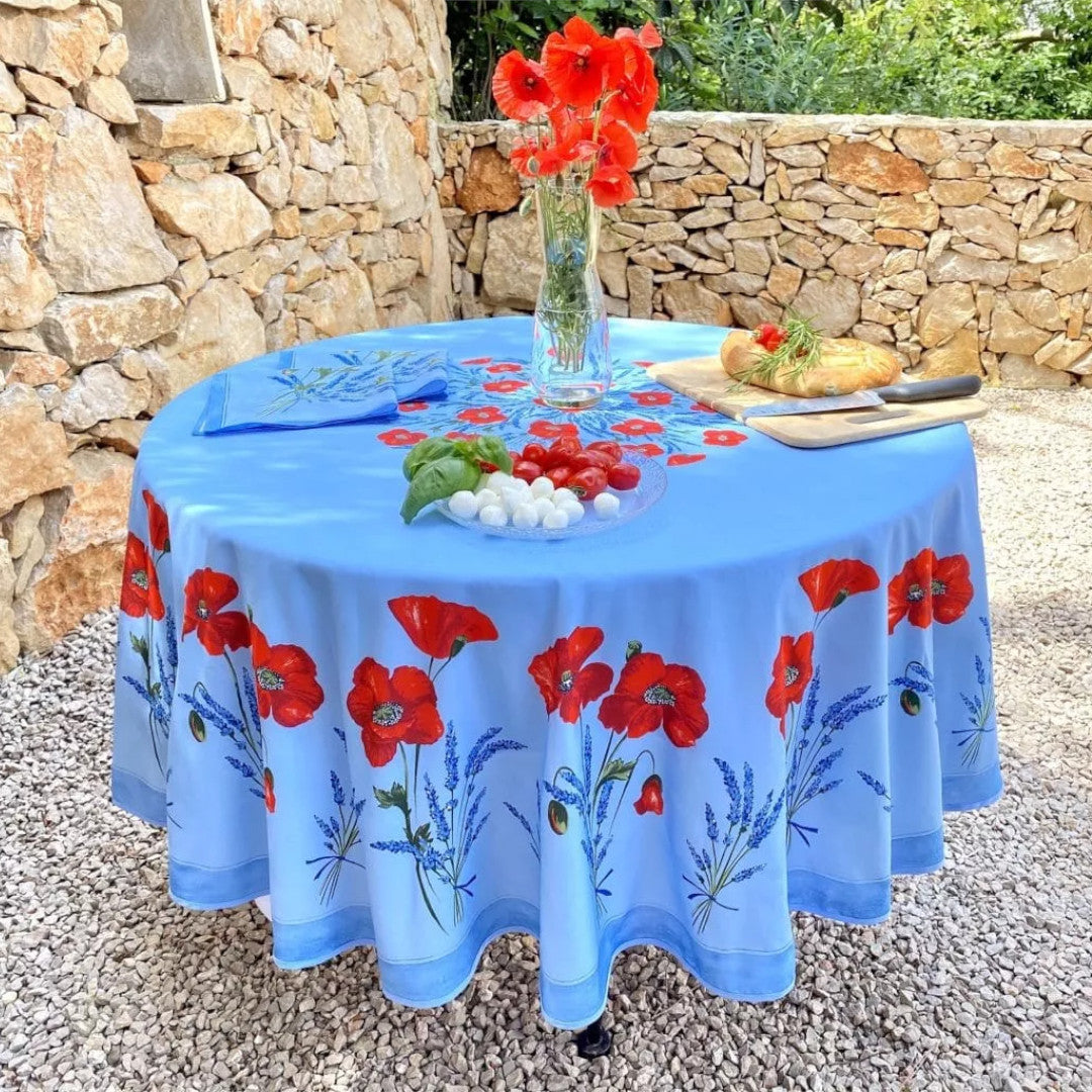 Coquelicot Lavande Blå – Rund akrylbelagt provenceduk Ø 180 cm