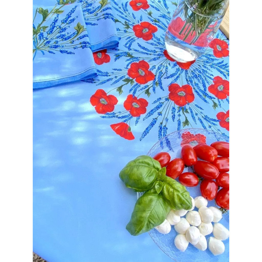 Coquelicot Lavande Blå – Rund akrylbelagt provenceduk Ø 180 cm, nærbilde