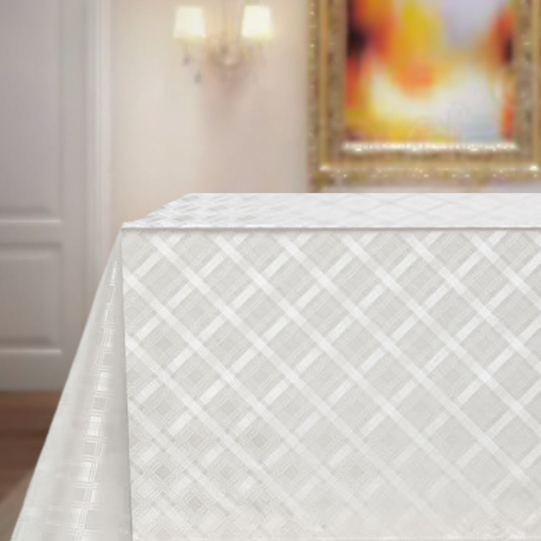 Damask Fliser hvit – voksduk med klassisk preget damask‑mønster
