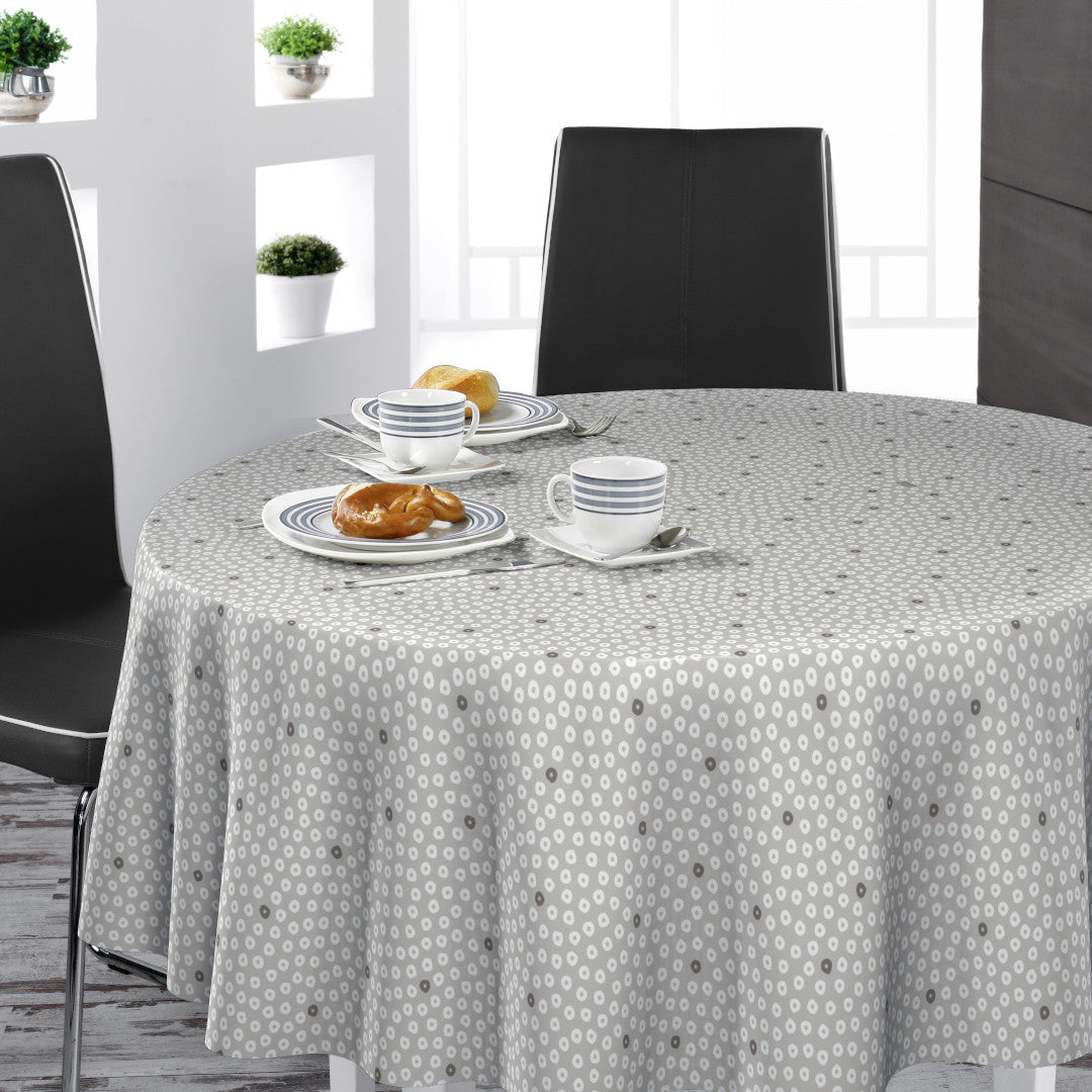 Dotti Earl Grey – Rund voksduk med grafisk prikkmønster, 160 cm bred