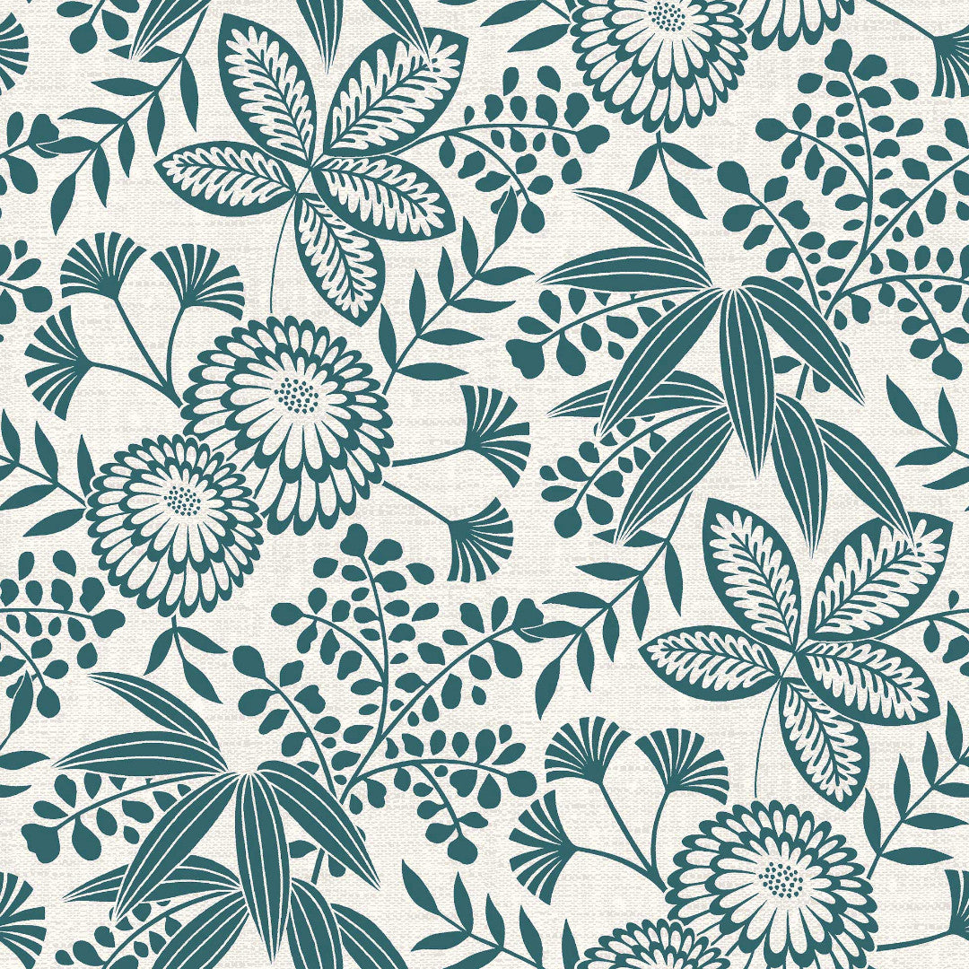 Fleuria Emerald Green – Voksduk med botanisk mønster i støvet blågrønn, mønster