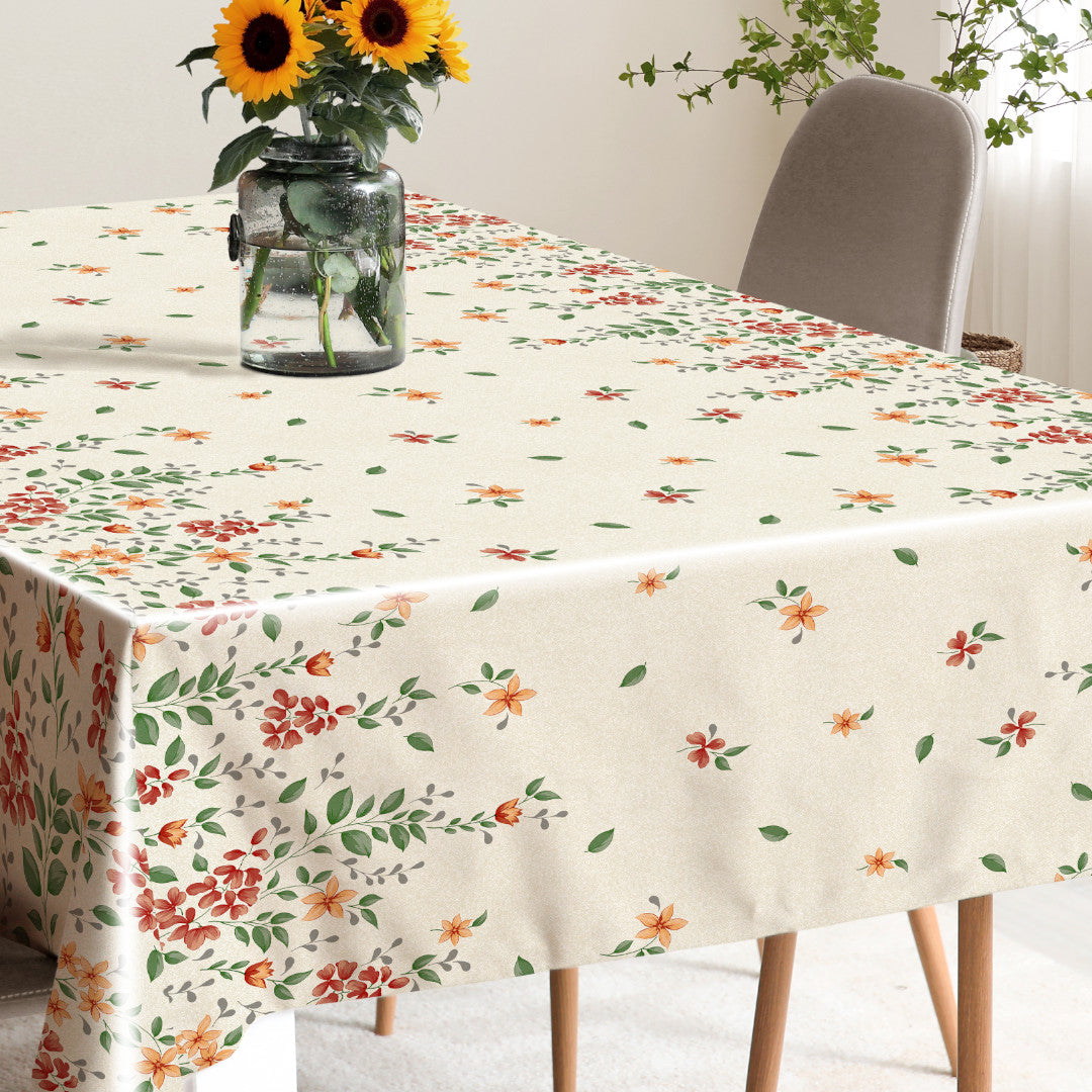 Flora Sand – Preget voksduk med blomsterbord, miljø 1