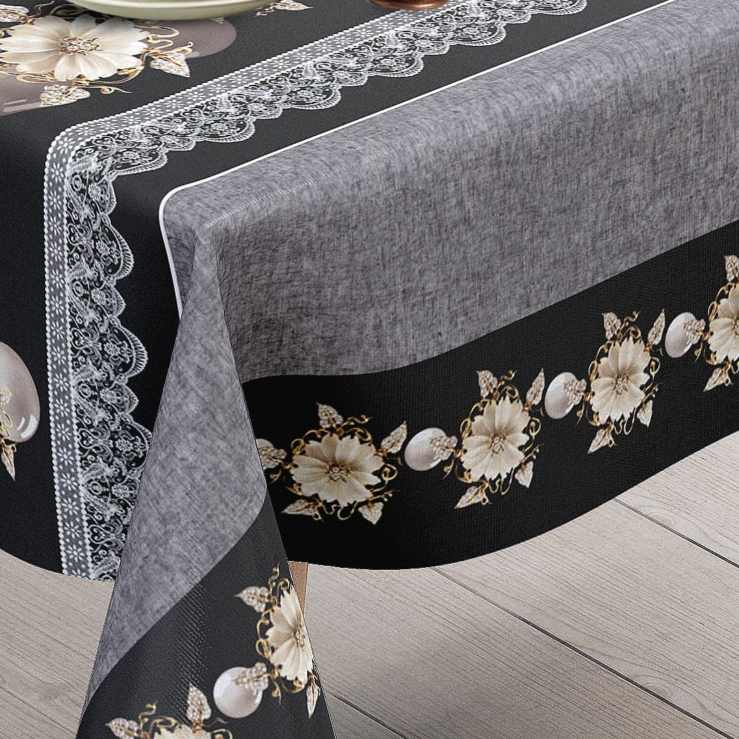 Floria Sort – Dekorativ voksduk med blomsterbord, hjørne