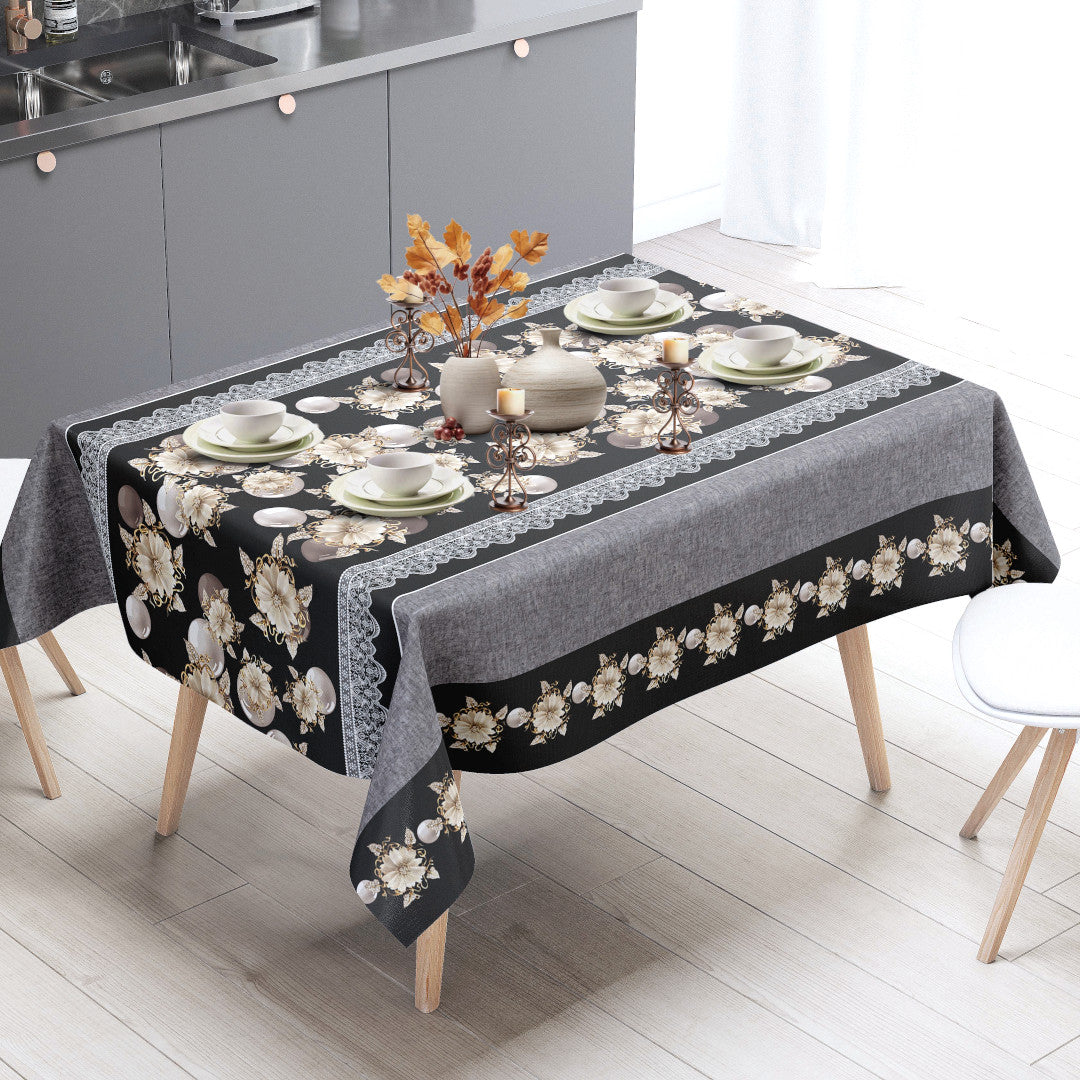 Floria Sort – Dekorativ voksduk med blomsterbord, miljø