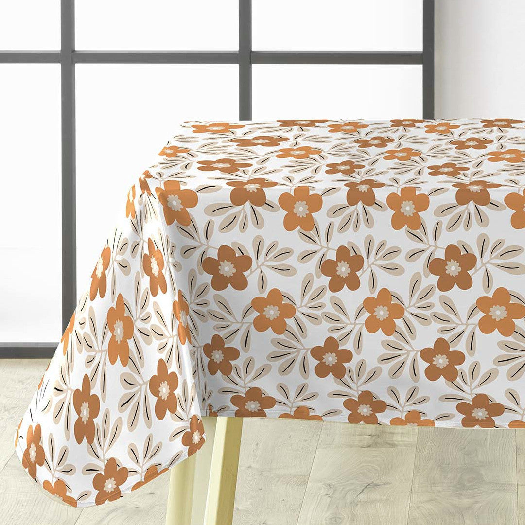 Flory Ochre – Voksduk med blomster i varme okratoner, hjørne