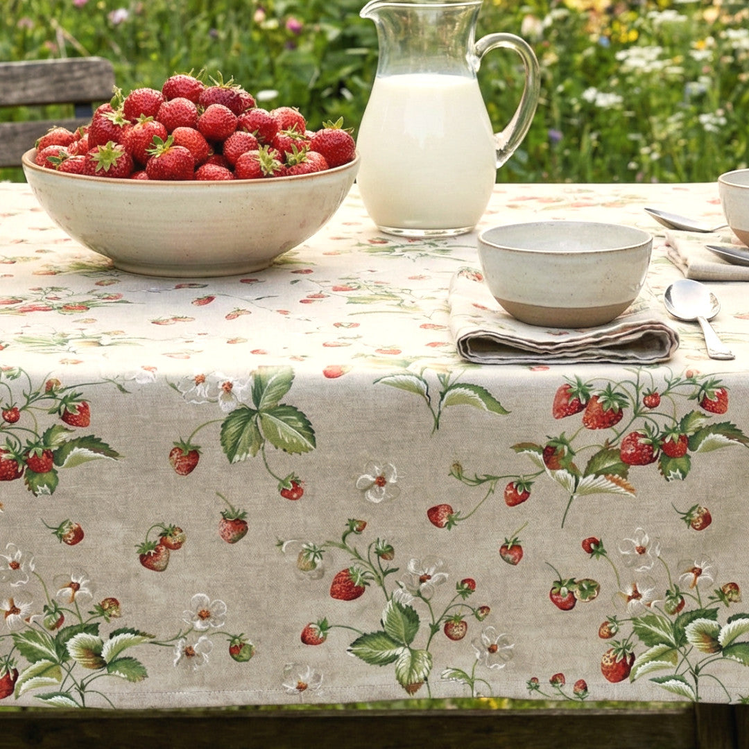 Fragole d’Estate – Akrylduk i linlook med jordbær hage miljø