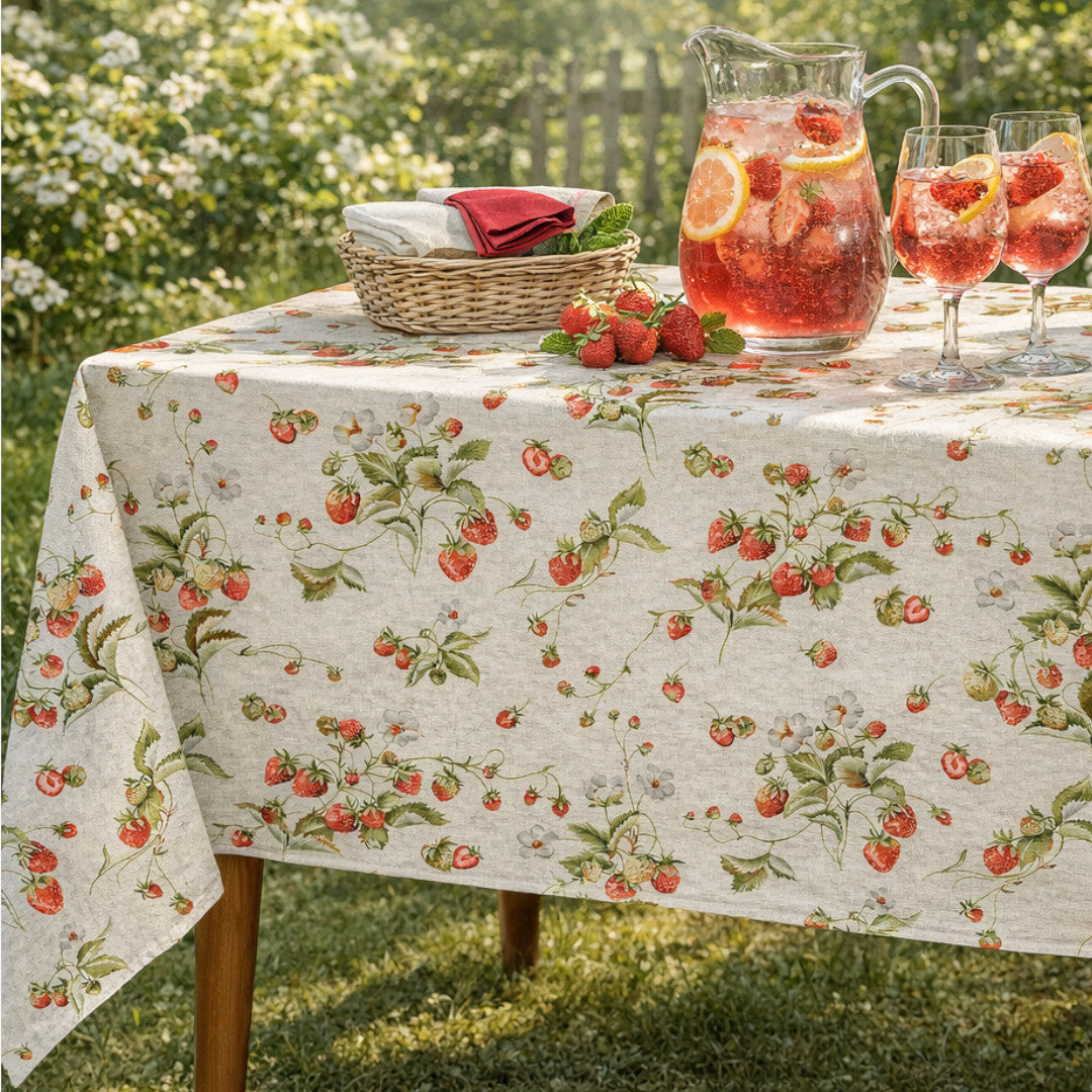 Fragole d’Estate – Akrylduk i linlook med jordbær hage miljø 1