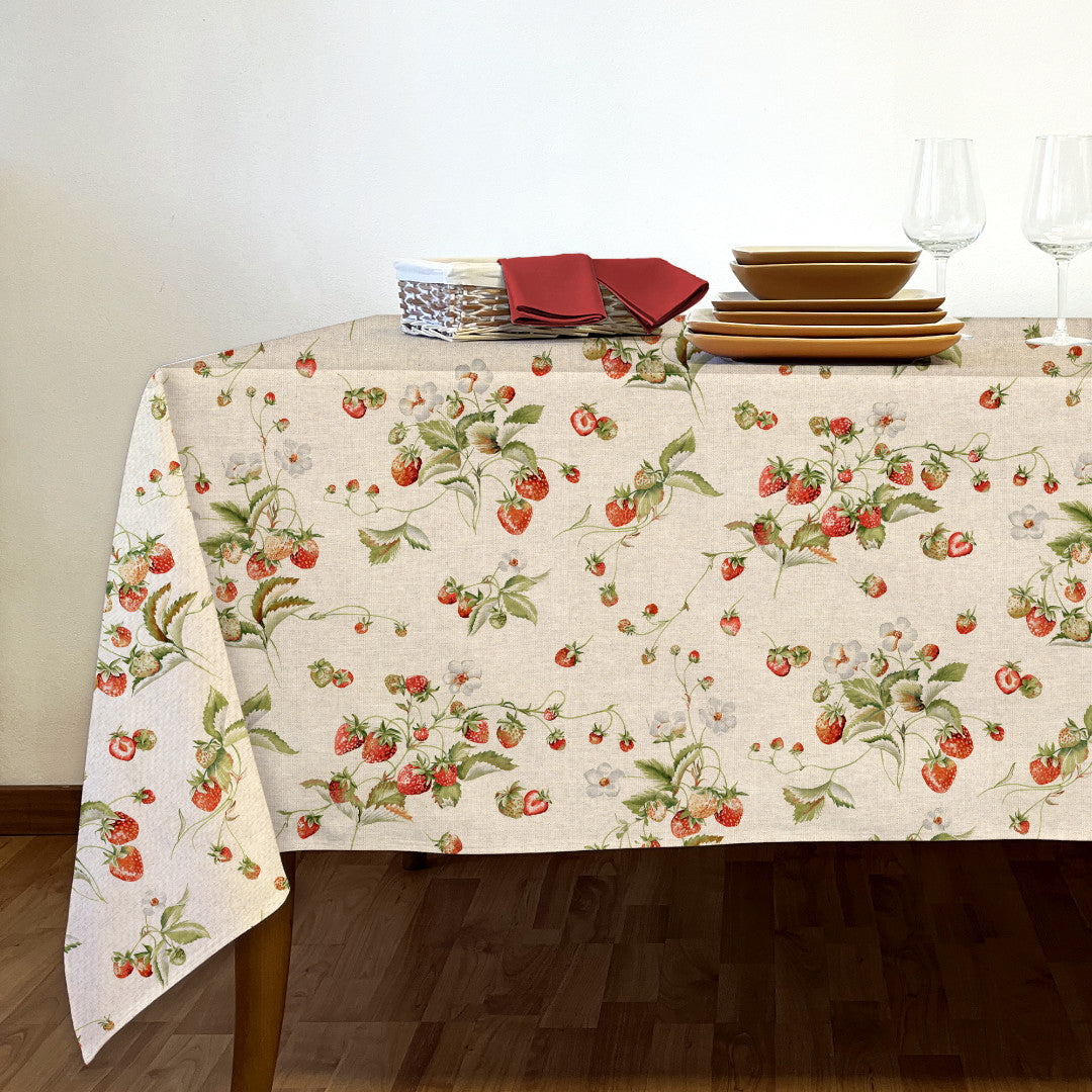 Fragole d’Estate – Akrylduk i linlook med jordbær miljø