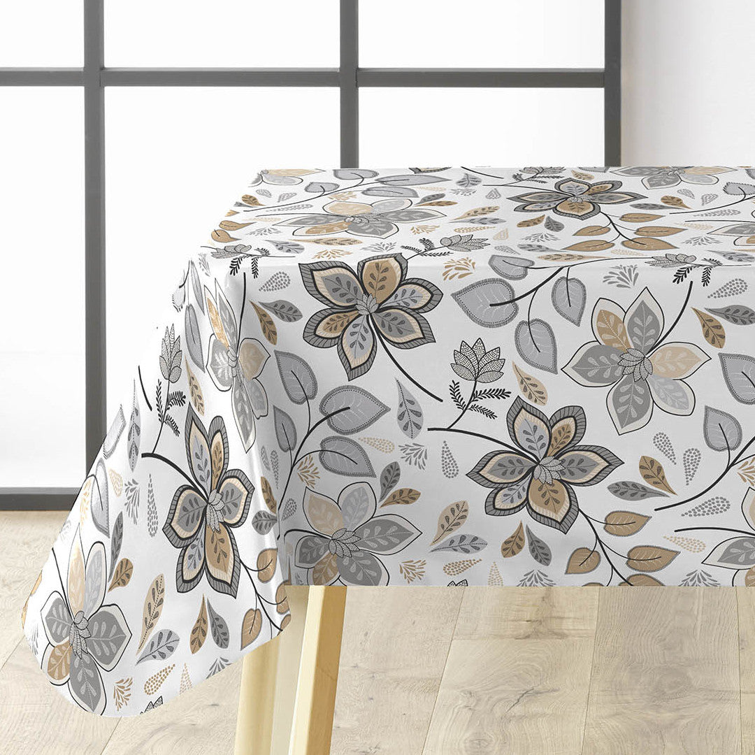 Gloriette – Voksduk med blomster i varme grå og sandfarger, hjørne