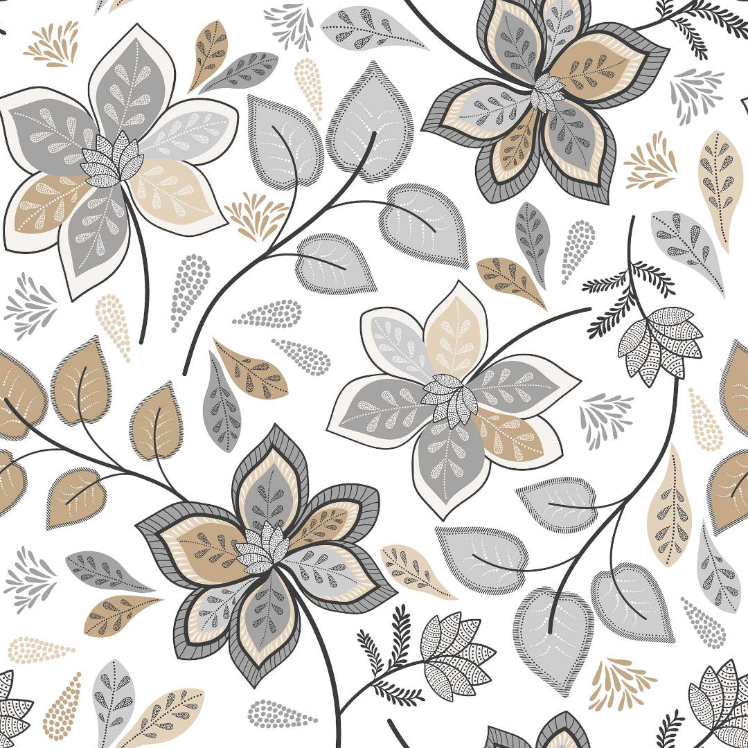 Gloriette – Voksduk med blomster i varme grå og sandfarger, mønster