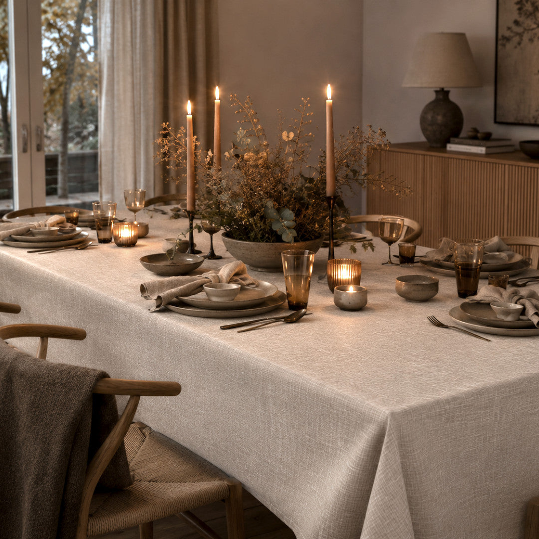 Groblad Beige – Ekstra bred voksduk med linutseende 180 cm, hyggemiljø