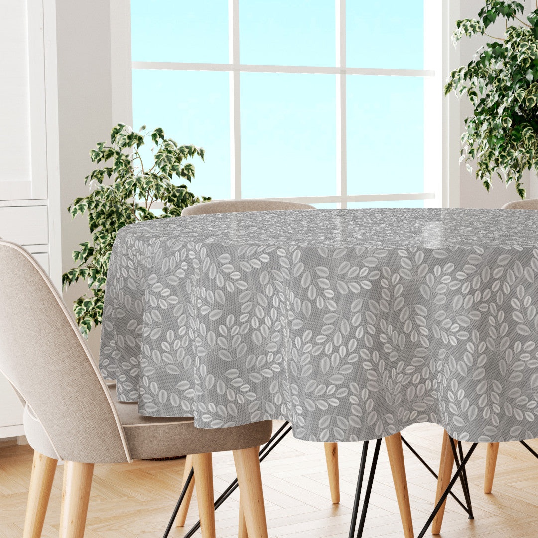 Hessian Leaf Grå – Rund lett preget voksduk med bladmotiv, miljø