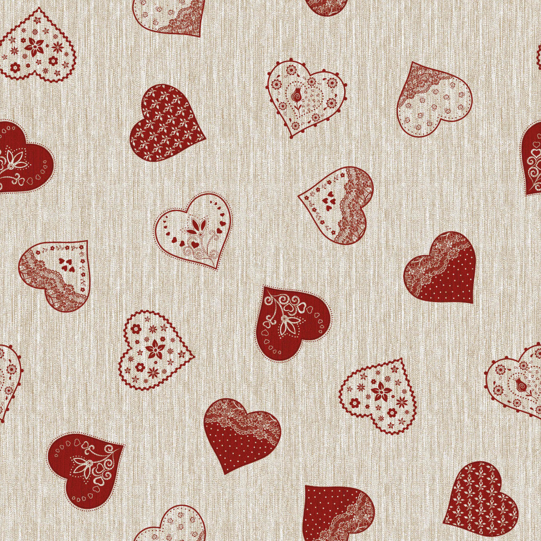 Hjertevarme – Beige voksduk med røde hjerter