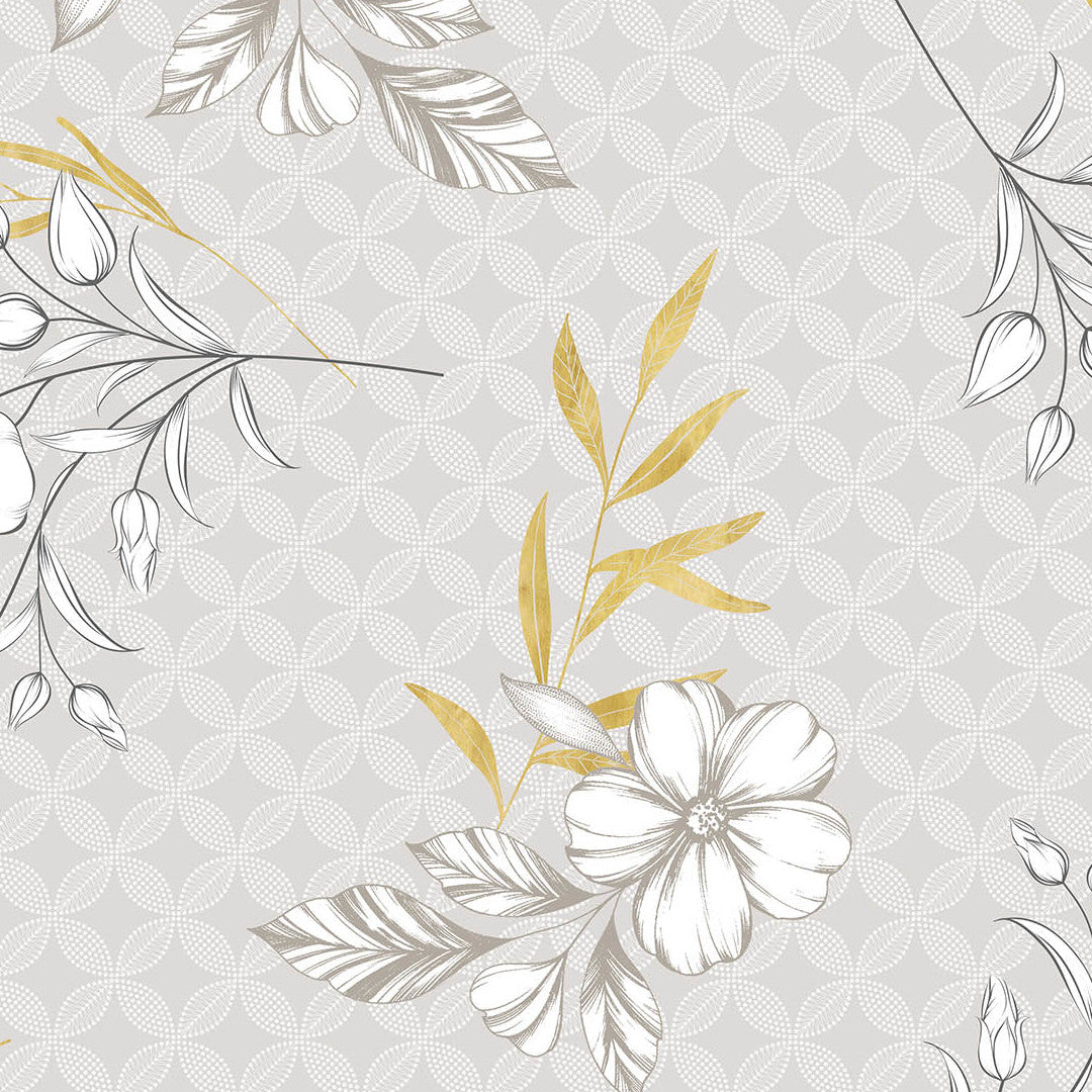 Hortense – Voksduk med blomstrete mønster i gyldne og nøytrale toner, mønster