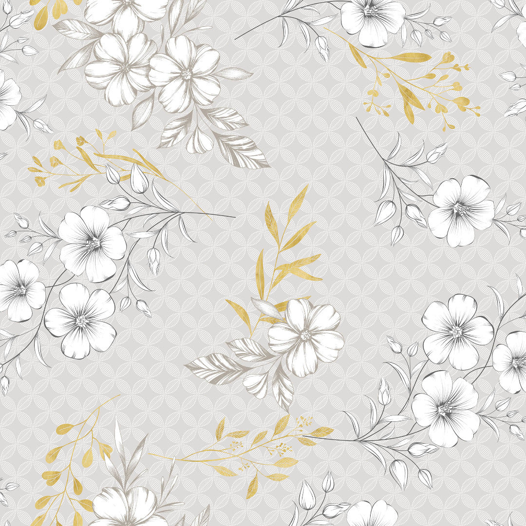 Hortense – Voksduk med blomstrete mønster i gyldne og nøytrale toner