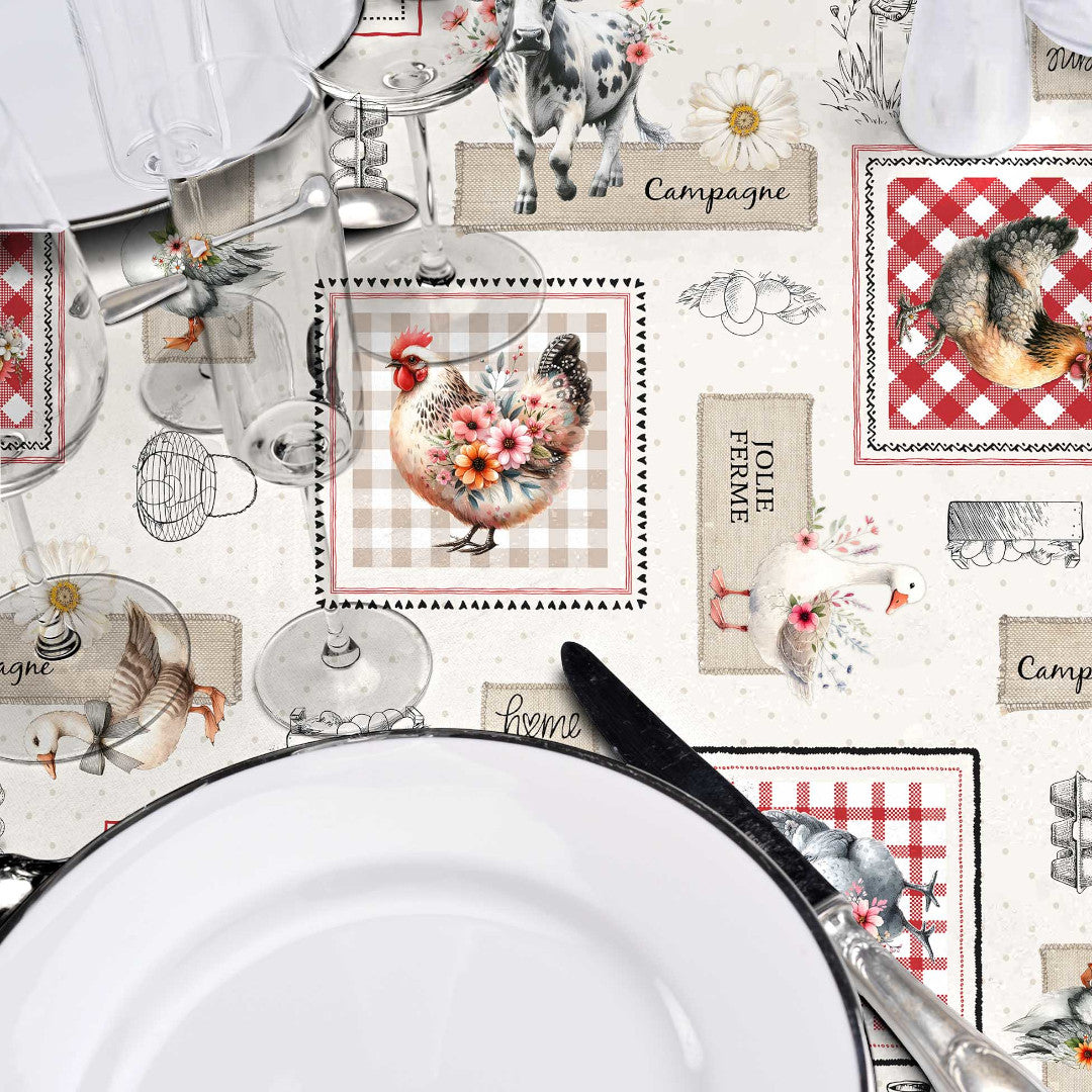 Jolie Ferme – Voksduk med bondegårdsidyll og franske detaljer, nærbilde