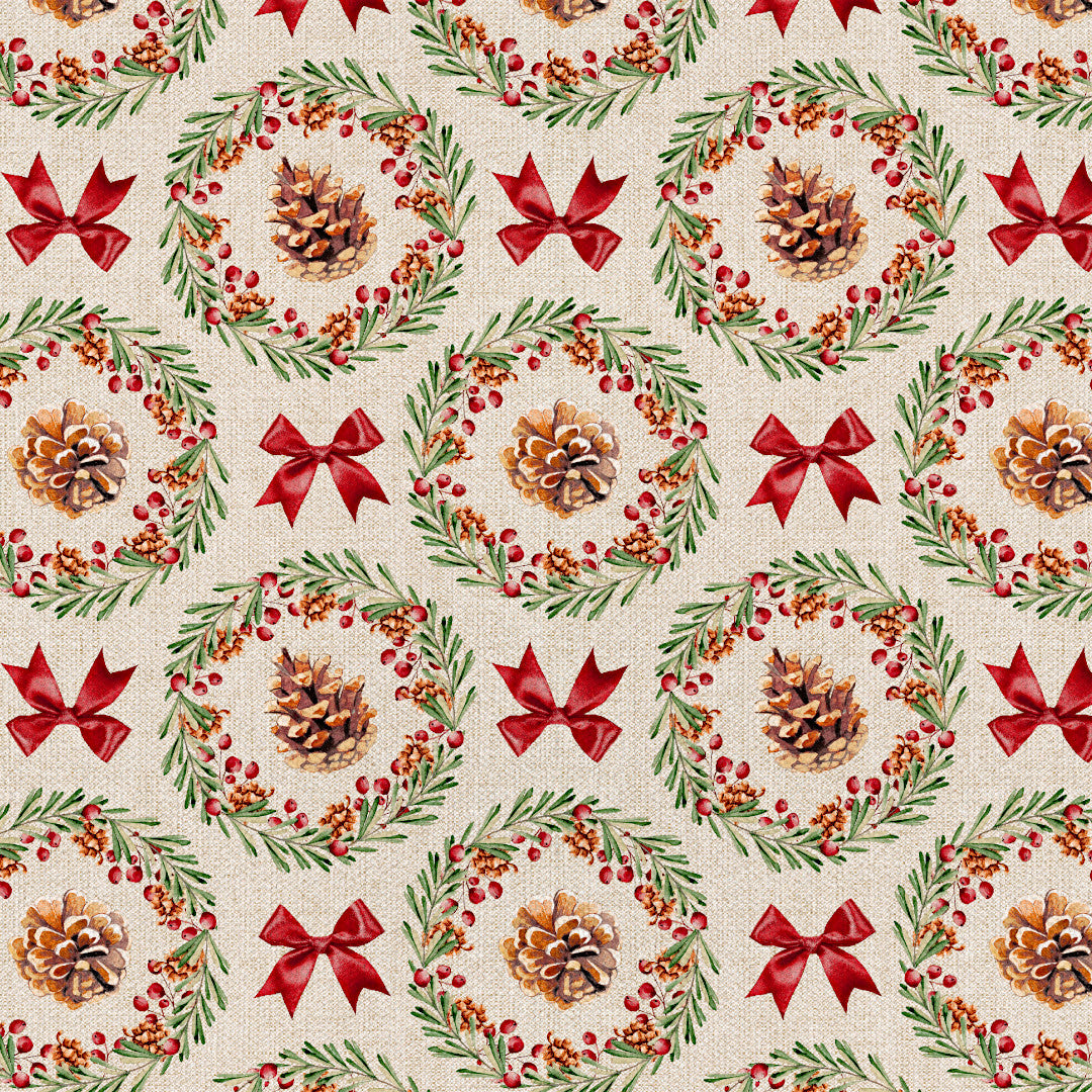 Julekrans – Juleakrylduk med kongler, røde bånd og linlook, motiver