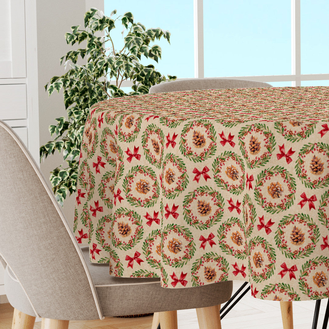 Julekrans – Rund juleakrylduk med kongler, røde bånd og linlook