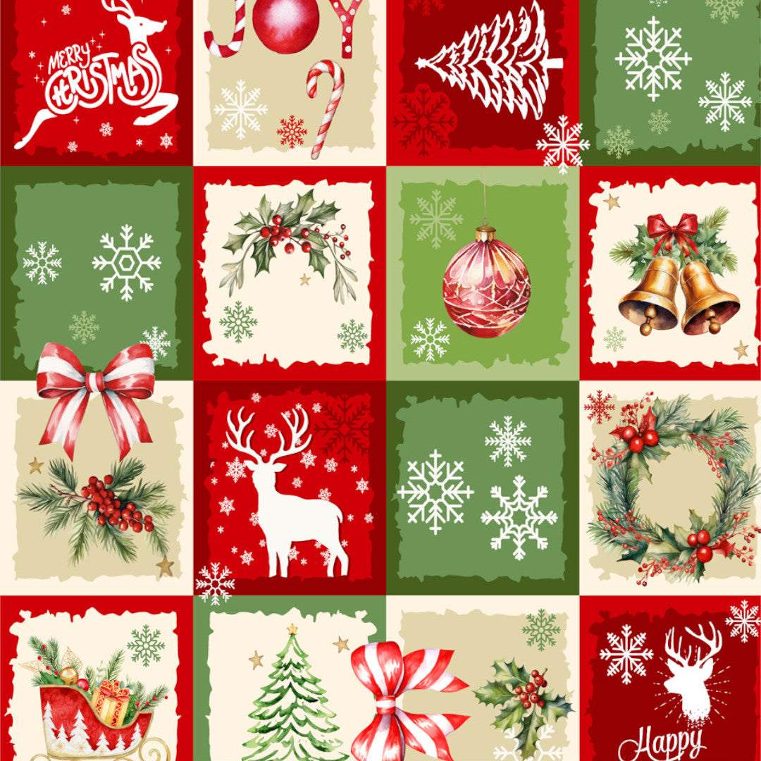 Julevoksduk – Rødt og grønt patchwork med klassiske motiver, mønster