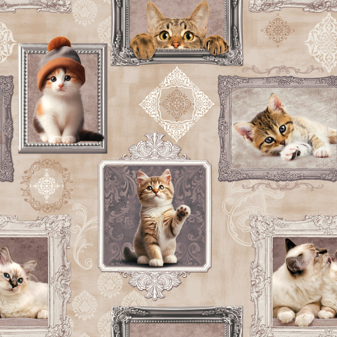 Killingegalleri – Beige voksduk med kattunger i rammer, mønster