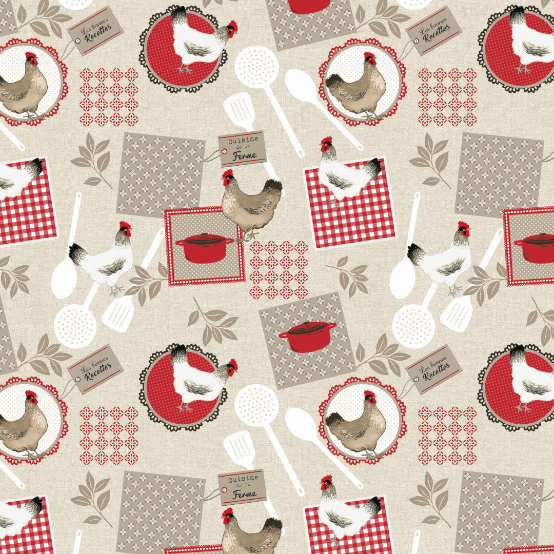Landkjøkken – Voksduk med høner og kjøkkenmotiv mønster