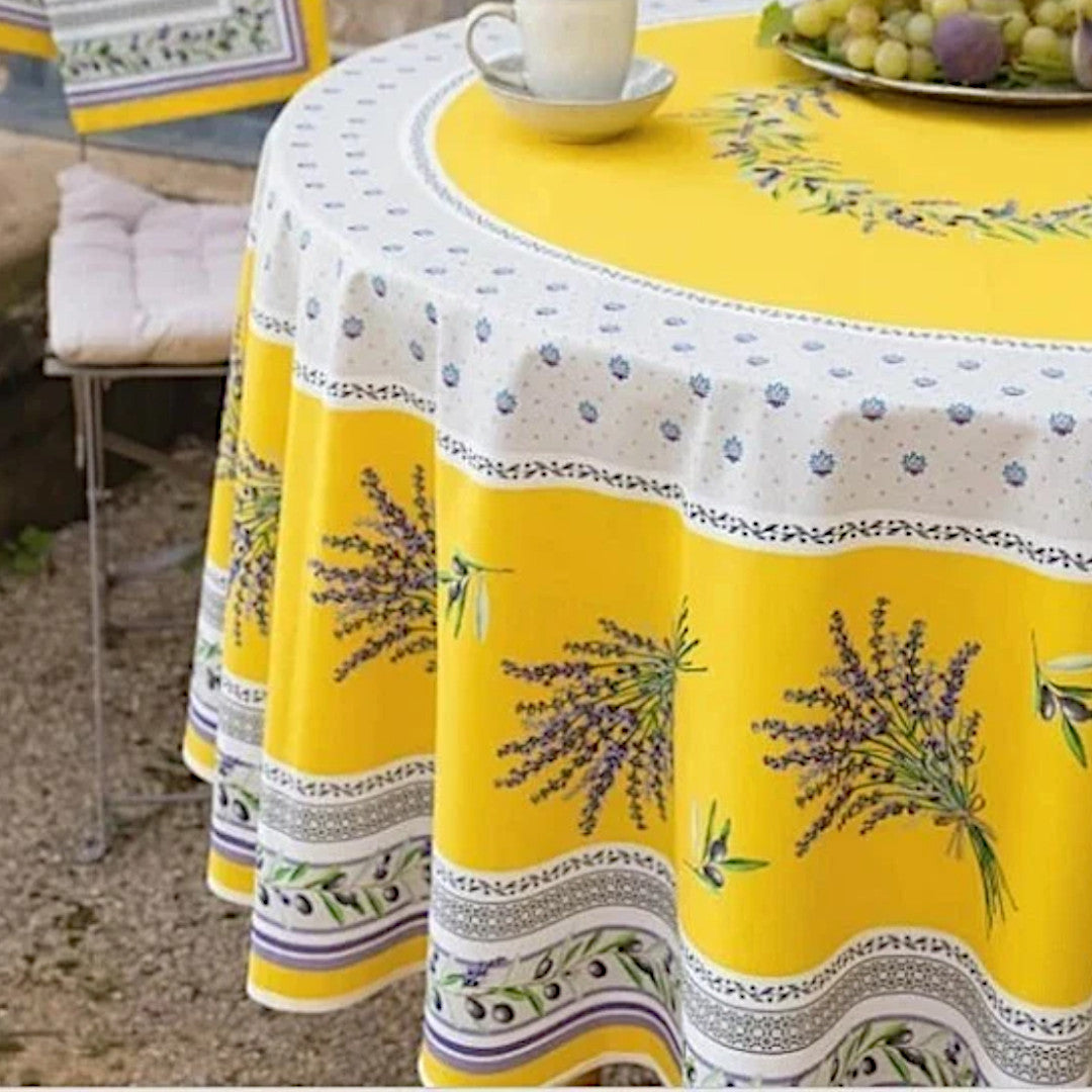 Lauris Gul – Rund akrylbelagt provenceduk Ø 180 cm, nærbilde