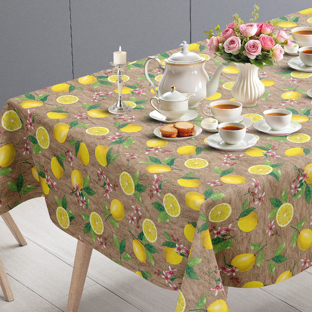 Limonata – Beige voksduk med sitroner og hessianlook, bordende