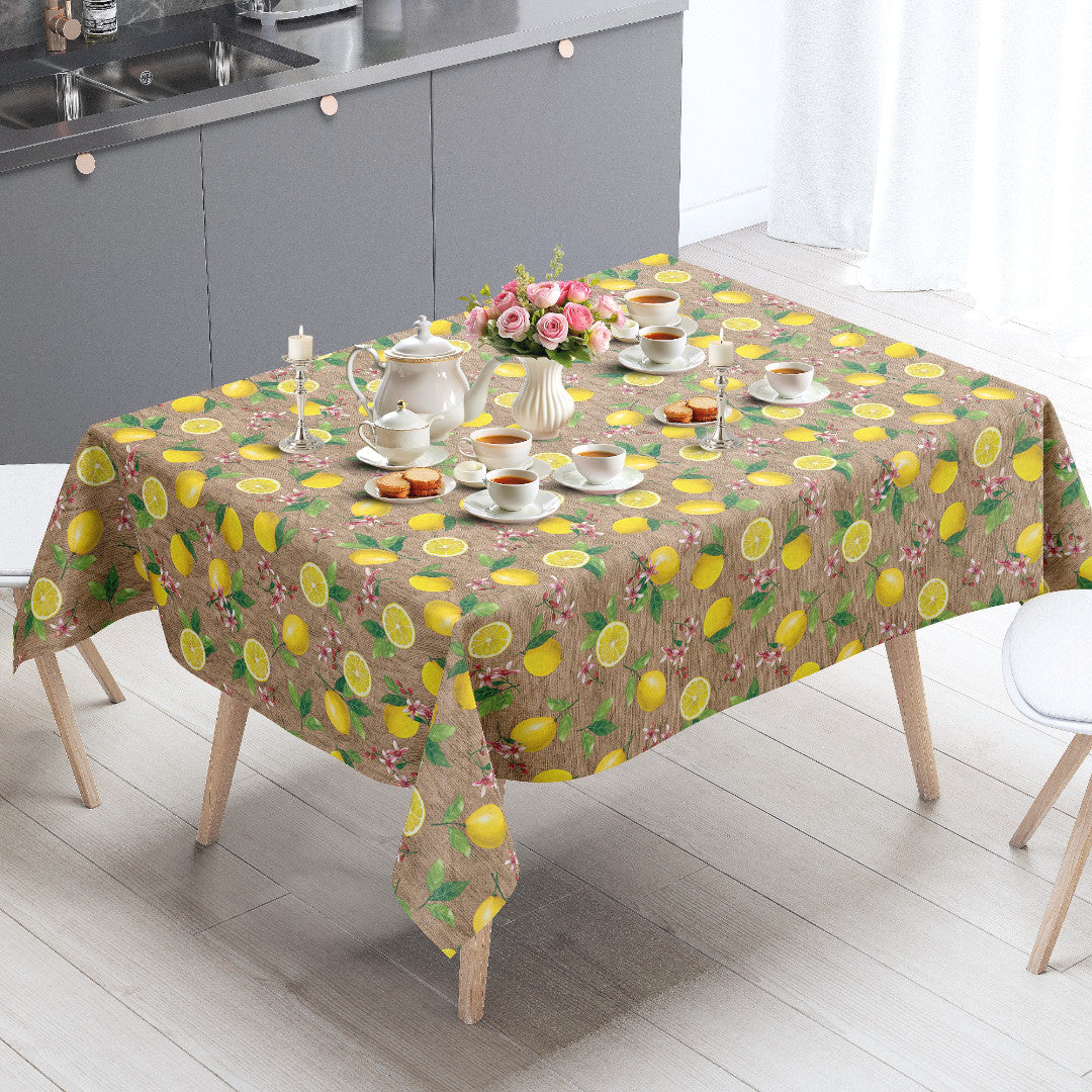 Limonata – Beige voksduk med sitroner og hessianlook, miljø
